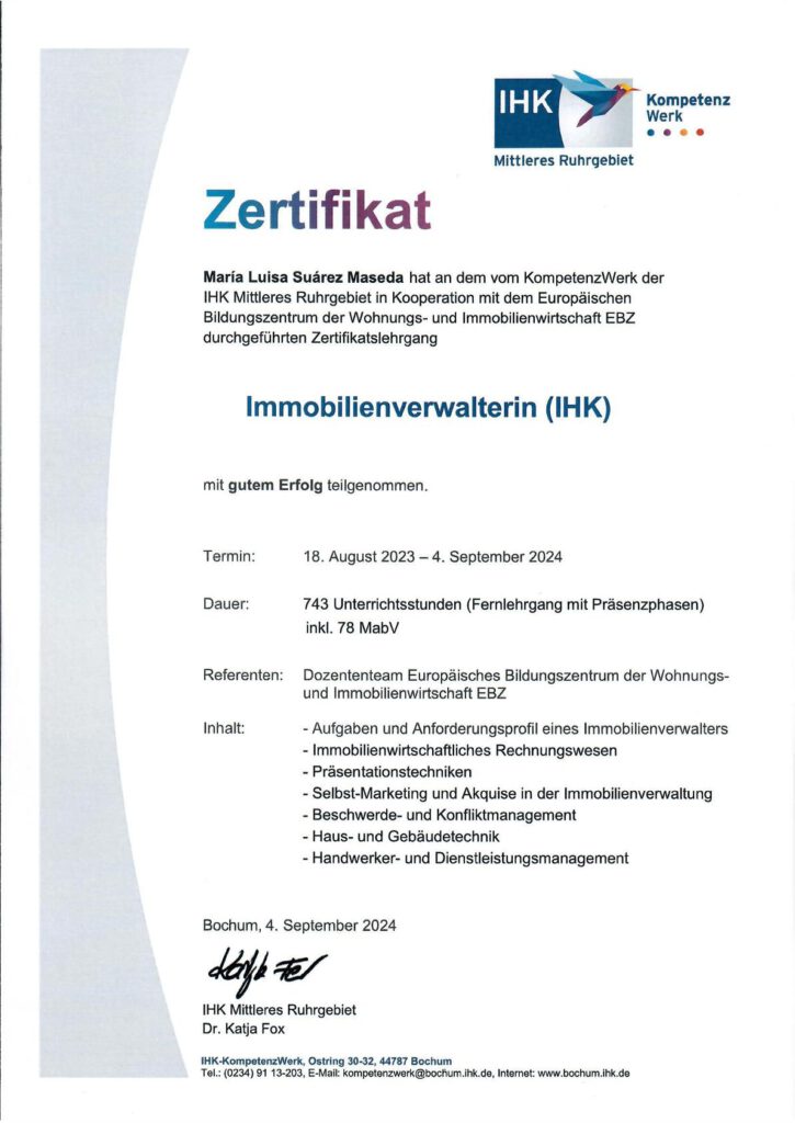 Zertifikat Immobilienverwalterin IHK